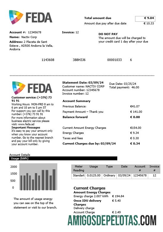 imprimível Modelo de conta de serviços públicos das Forças Elétricas de Andorra em formatos Word e PDF